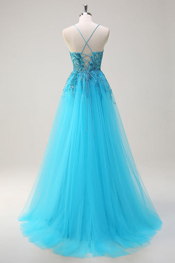 Sparkly Blue Spaghetti Straps paillettes lungo Abito da cerimonia con mantello laterale
